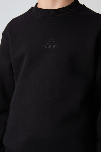 Black Cotton Thick Fleece-Lined Soft Textured Standard Fit Embroidered Boys' Sweatshirt - 11232