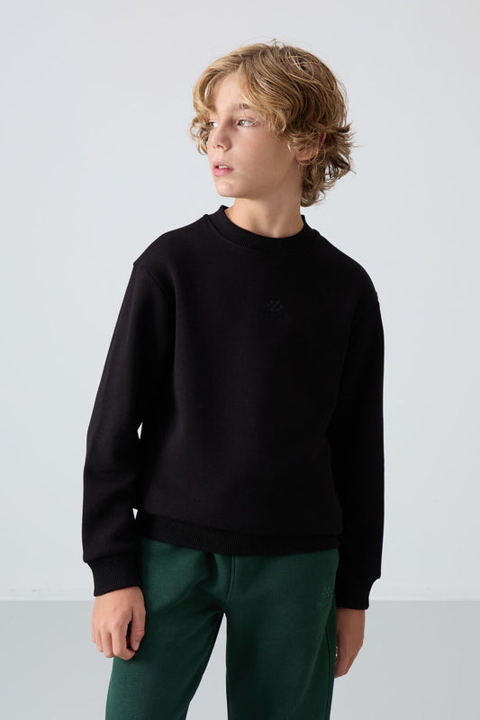 Black Cotton Thick Fleece-Lined Soft Textured Standard Fit Embroidered Boys' Sweatshirt - 11232