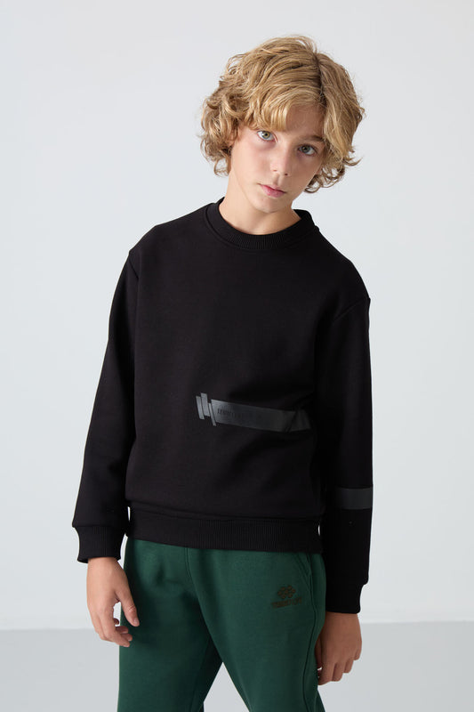 Black Cotton Thick Fleece-Lined Soft Textured Standard Fit Printed Boys' Sweatshirt - 11238