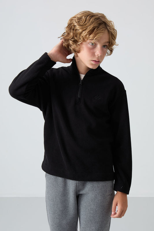 Black Thick Soft Textured Standard Fit Embroidered Fleece Boys' Sweatshirt - 11221