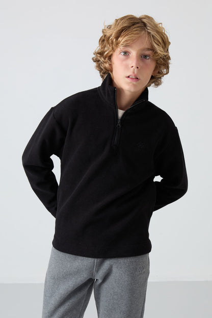 Black Thick Soft Textured Standard Fit Embroidered Fleece Boys' Sweatshirt - 11221