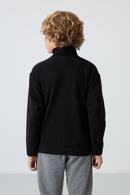Black Thick Soft Textured Standard Fit Embroidered Fleece Boys' Sweatshirt - 11221