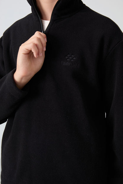 Black Thick Soft Textured Standard Fit Embroidered Fleece Boys' Sweatshirt - 11221