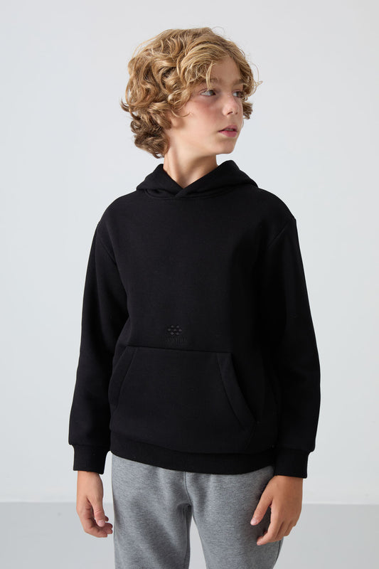Black Cotton Thick Fleece-Lined Soft Textured Standard Fit Printed Boys' Sweatshirt - 11215