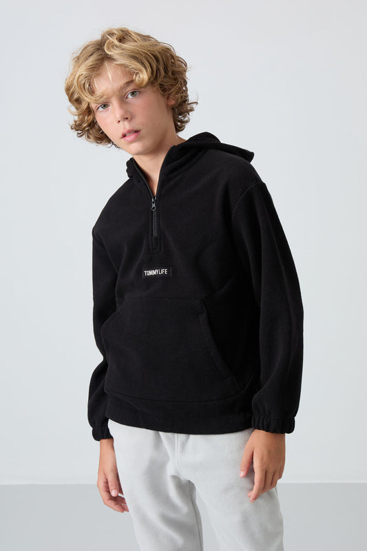 Black Thick Soft Textured Standard Fit Embroidered Fleece Boys' Sweatshirt - 11230