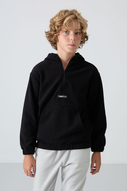 Black Thick Soft Textured Standard Fit Embroidered Fleece Boys' Sweatshirt - 11230