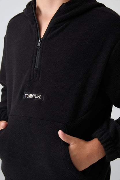 Black Thick Soft Textured Standard Fit Embroidered Fleece Boys' Sweatshirt - 11230
