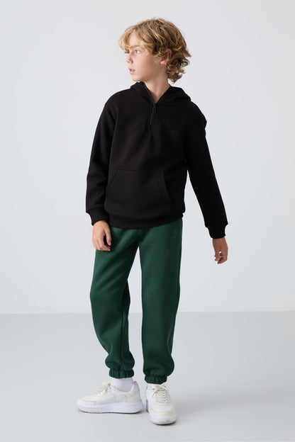 Black Cotton Thick Fleece-Lined Soft Textured Standard Fit Embroidered Boys' Sweatshirt - 11244
