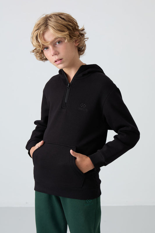Black Cotton Thick Fleece-Lined Soft Textured Standard Fit Embroidered Boys' Sweatshirt - 11244