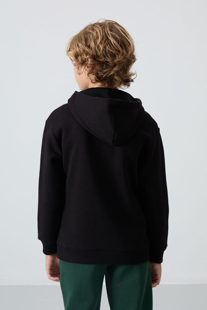 Black Cotton Thick Fleece-Lined Soft Textured Standard Fit Embroidered Boys' Sweatshirt - 11244