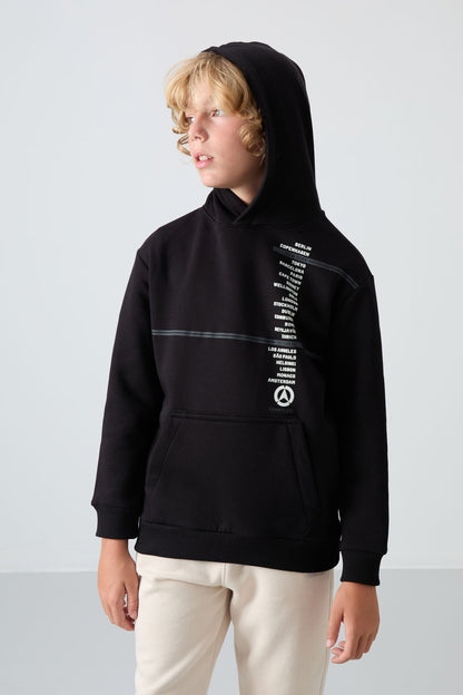 Black Cotton Thick Fleece-Lined Soft Textured Standard Fit Printed Boys' Sweatshirt - 11239
