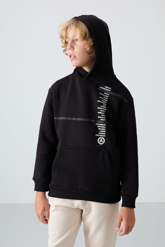 Black Cotton Thick Fleece-Lined Soft Textured Standard Fit Printed Boys' Sweatshirt - 11239