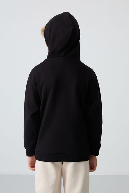 Black Cotton Thick Fleece-Lined Soft Textured Standard Fit Printed Boys' Sweatshirt - 11239