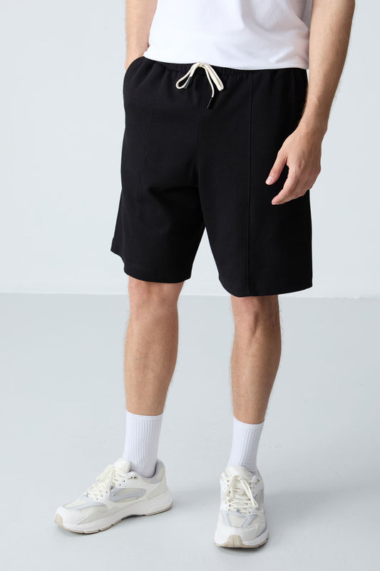 Black Cotton Thick Soft Textured Standard Fit Basic Men's Shorts - 81277