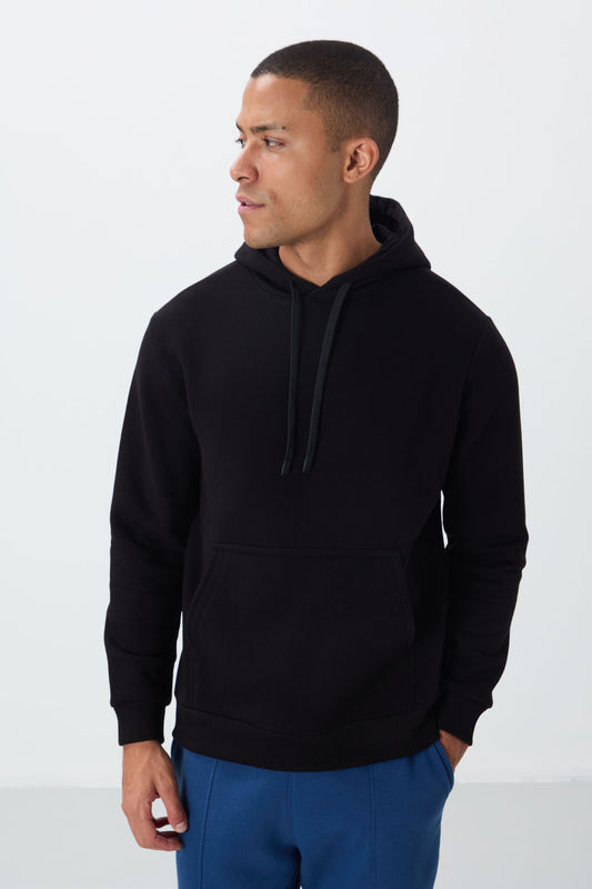 Black Cotton Thick Fleece-Lined Soft Textured Comfort Fit Embroidered Men's Sweatshirt - 88419