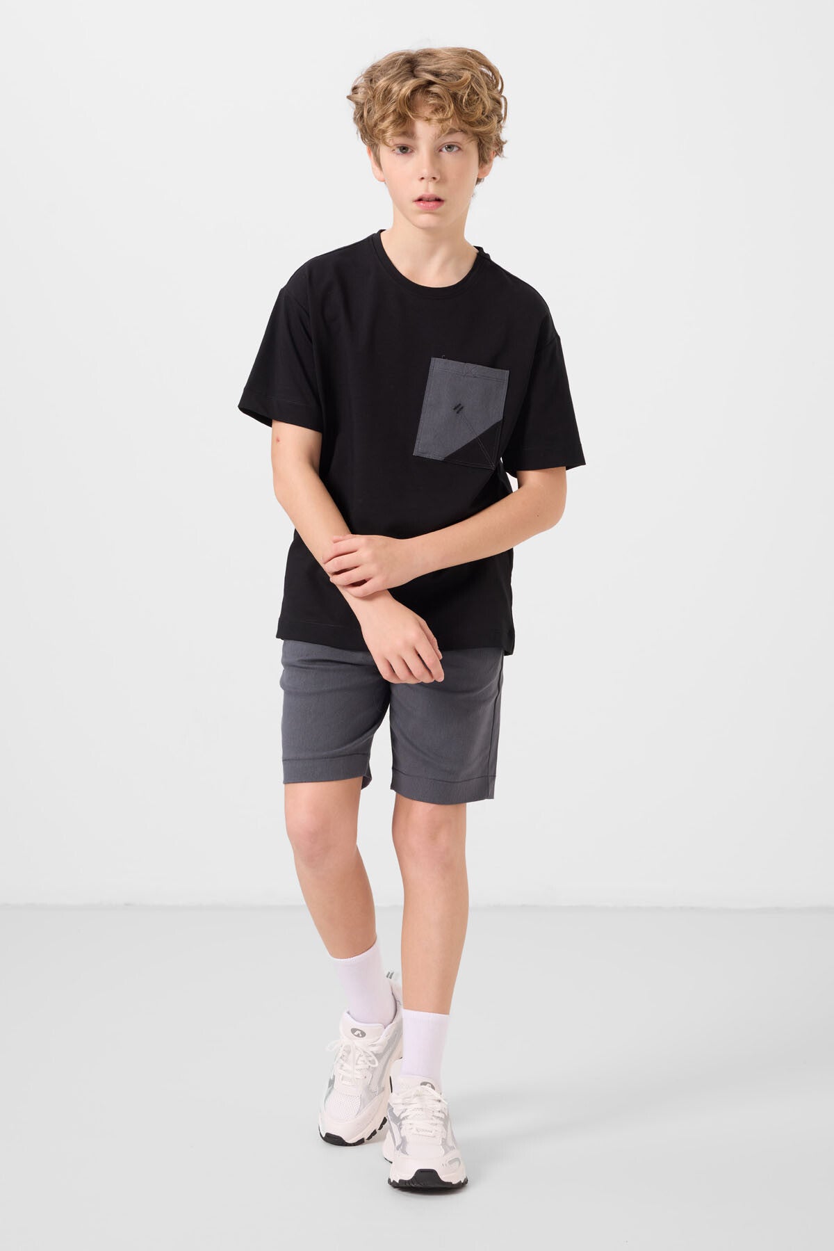 Black and grey cotton oversized fit woven lightweight elastic Chino shorts set