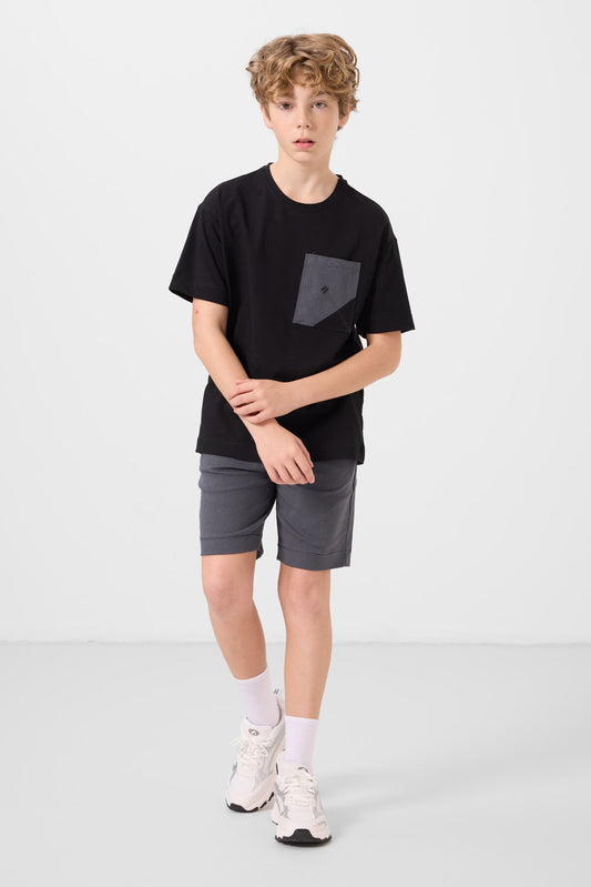 Black and grey cotton oversized fit woven lightweight elastic Chino shorts set