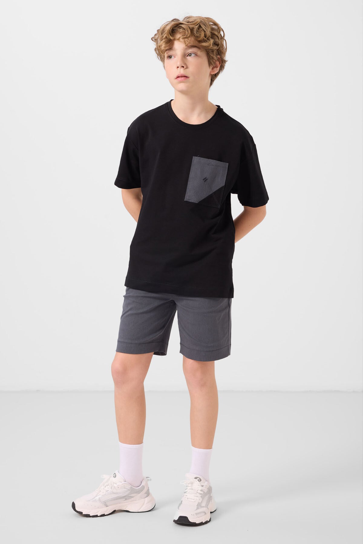 Black and grey cotton oversized fit woven lightweight elastic Chino shorts set