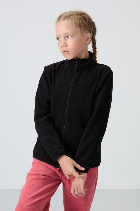 Black Thick Soft Textured Standard Fit Embroidered Fleece Girls' Sweatshirt - 75154