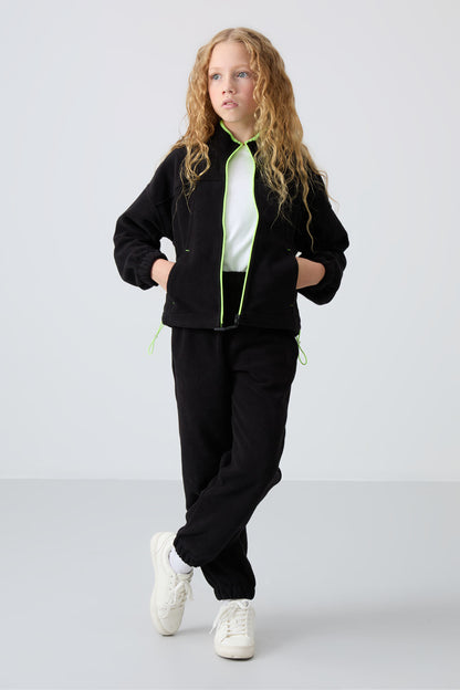 Black Thick Soft Textured Standard Fit Embroidered Fleece Girl's Sweatshirt - 75157