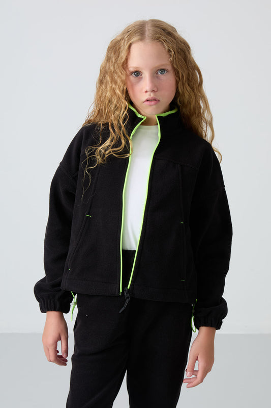 Black Thick Soft Textured Standard Fit Embroidered Fleece Girl's Sweatshirt - 75157