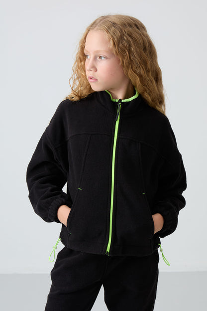 Black Thick Soft Textured Standard Fit Embroidered Fleece Girl's Sweatshirt - 75157