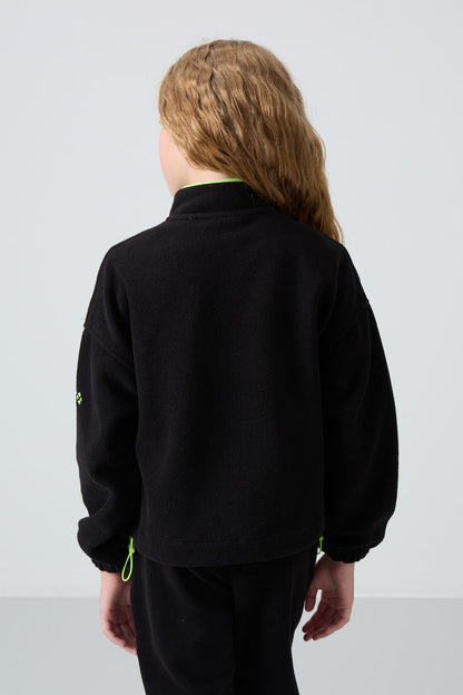 Black Thick Soft Textured Standard Fit Embroidered Fleece Girl's Sweatshirt - 75157
