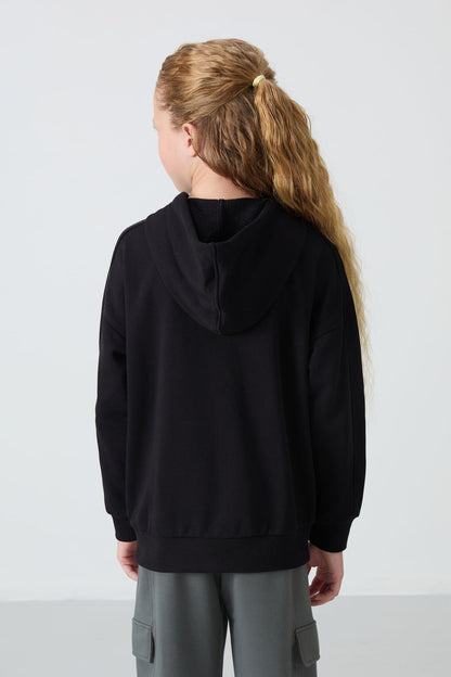 Black Cotton Fleece-Lined Soft Textured Standard Fit Embroidered Girls' Sweatshirt - 75149