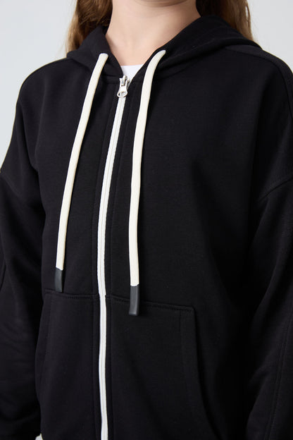 Black Cotton Fleece-Lined Soft Textured Standard Fit Embroidered Girls' Sweatshirt - 75149