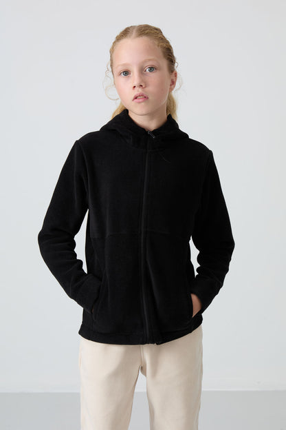 Black Thick Soft Textured Standard Fit Embroidered Fleece Girls' Sweatshirt - 75152