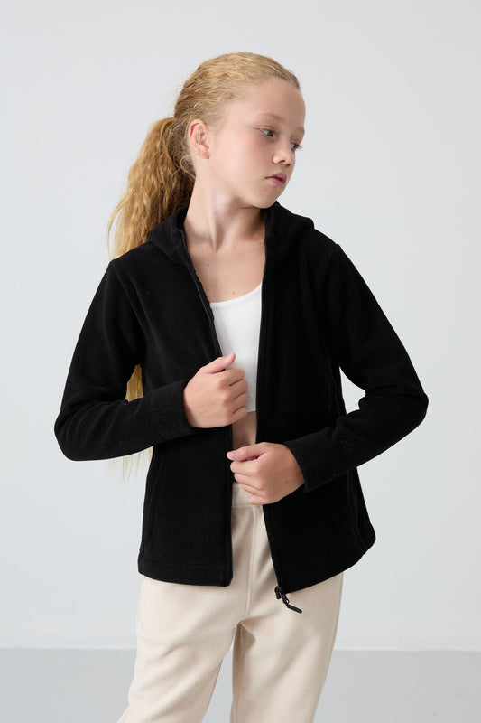 Black Thick Soft Textured Standard Fit Embroidered Fleece Girls' Sweatshirt - 75152