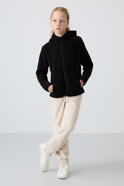 Black Thick Soft Textured Standard Fit Embroidered Fleece Girls' Sweatshirt - 75152