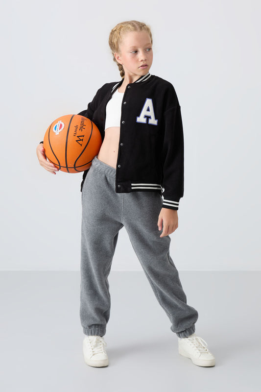 Black Thick Soft Textured Standard Fit Embroidered Fleece Girls' College Jacket - 75156
