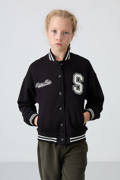 Black Cotton Lined with Fleece Soft Textured Standard Fit Embroidered Girls' College Jacket - 75163