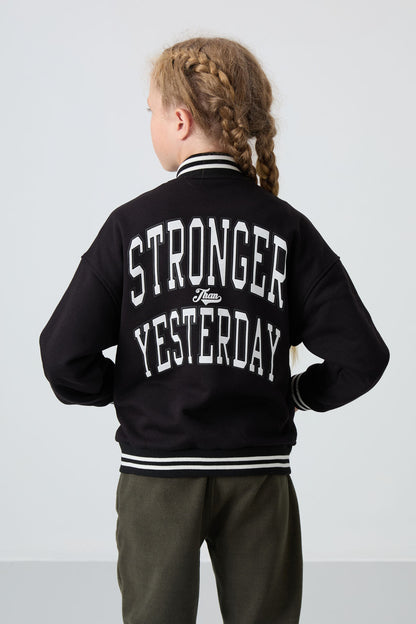 Black Cotton Lined with Fleece Soft Textured Standard Fit Embroidered Girls' College Jacket - 75163