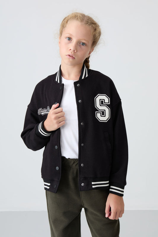 Black Cotton Lined with Fleece Soft Textured Standard Fit Embroidered Girls' College Jacket - 75163