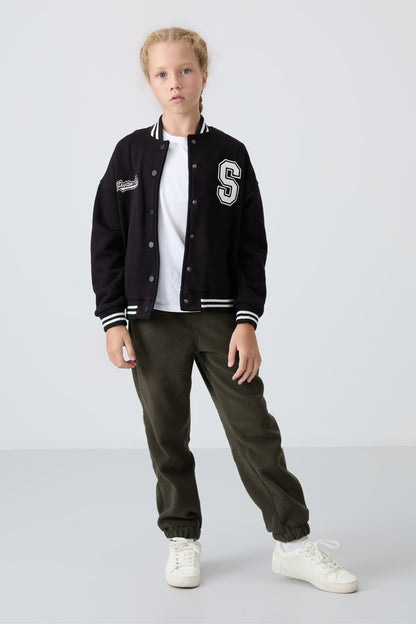 Black Cotton Lined with Fleece Soft Textured Standard Fit Embroidered Girls' College Jacket - 75163