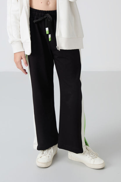 Black Slit Detailed Pocket Wide Leg Girls' Tracksuit Bottom - 75141