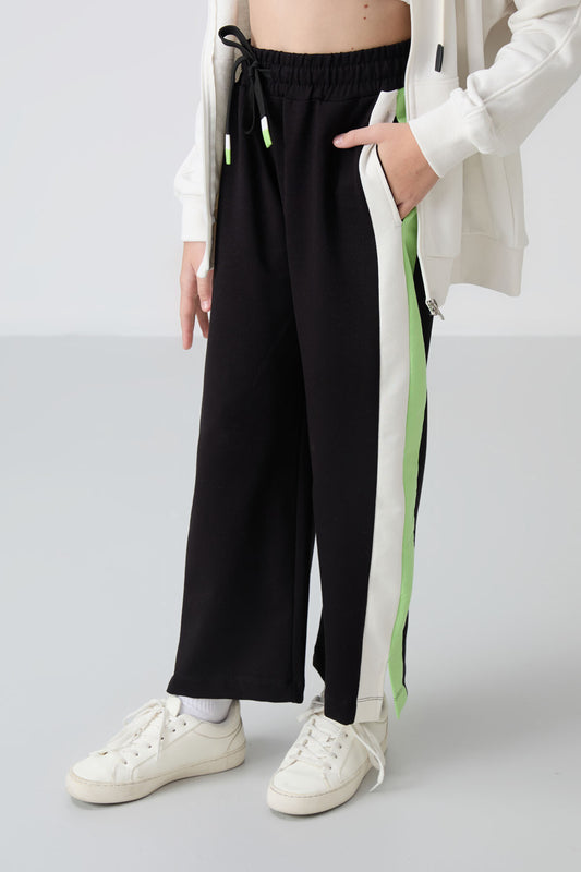 Black Slit Detailed Pocket Wide Leg Girls' Tracksuit Bottom - 75141