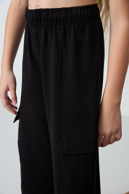 Black Cargo Pocket Front Seam Detailed Wide Leg Girls' Tracksuit Bottom - 75143