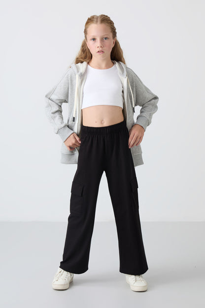 Black Cargo Pocket Front Seam Detailed Wide Leg Girls' Tracksuit Bottom - 75143