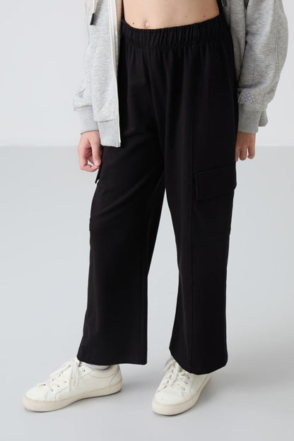 Black Cargo Pocket Front Seam Detailed Wide Leg Girls' Tracksuit Bottom - 75143