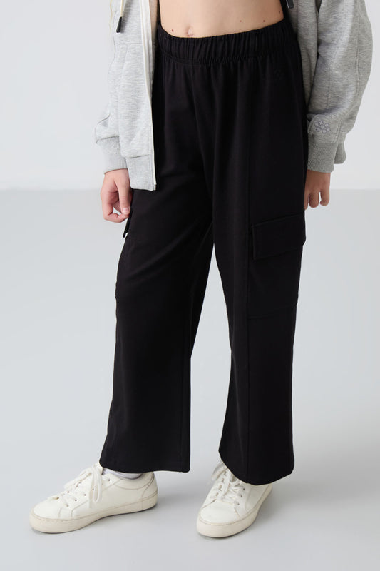 Black Cargo Pocket Front Seam Detailed Wide Leg Girls' Tracksuit Bottom - 75143