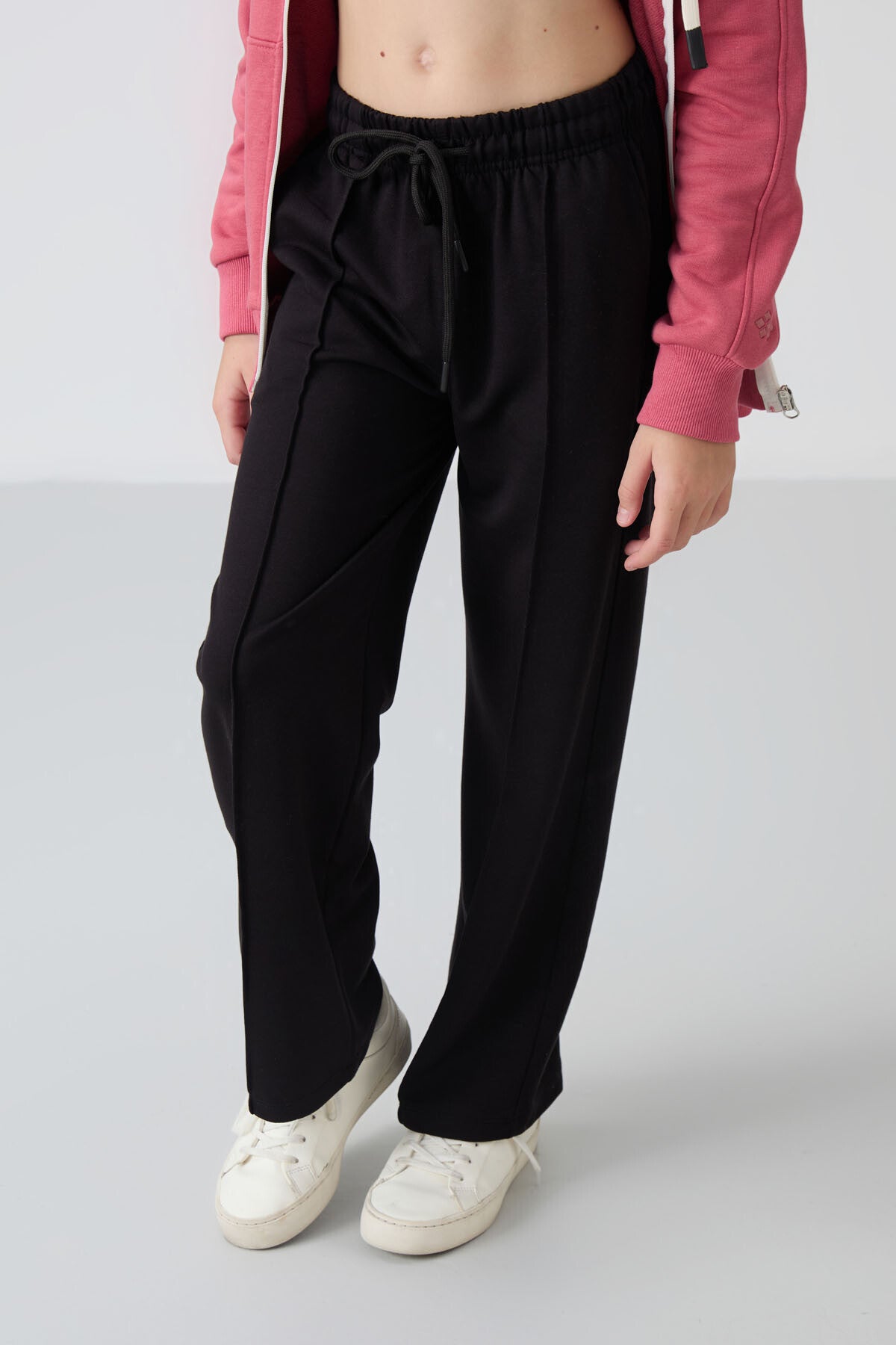 Black Striped Front Seam Detailed Wide Leg Girls' Tracksuit Bottom -75144