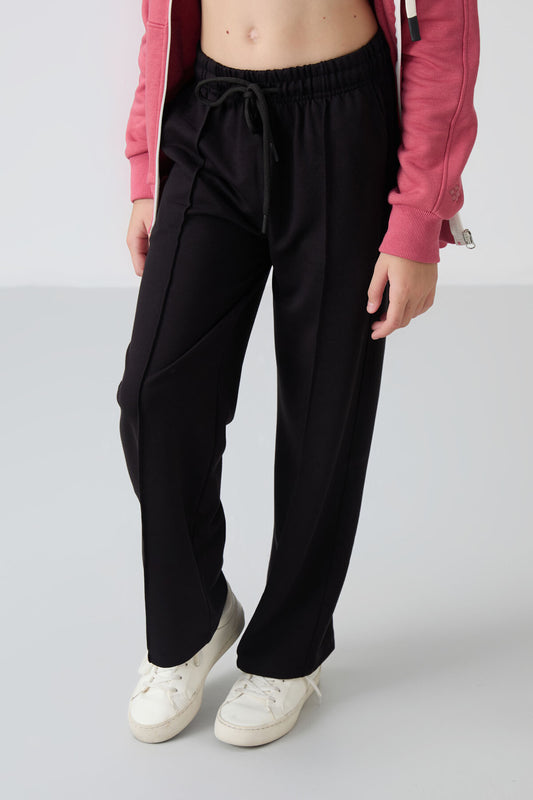 Black Striped Front Seam Detailed Wide Leg Girls' Tracksuit Bottom -75144