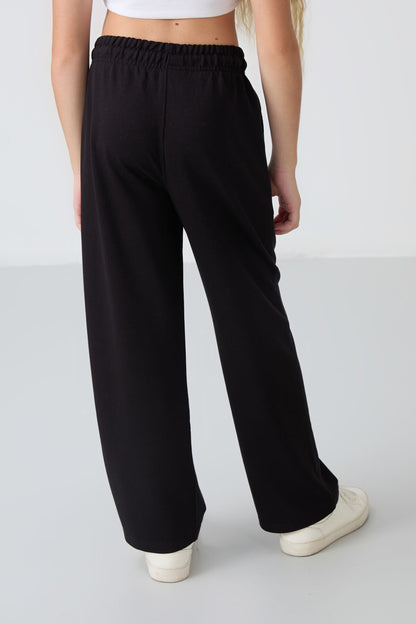 Black Striped Front Seam Detailed Wide Leg Girls' Tracksuit Bottom -75144