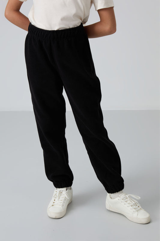Black Thick Soft Textured Standard Fit Embroidered Fleece Girls' Tracksuit Bottom - 75155