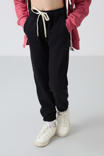Black Cotton Lined Fleece Soft Textured Standard Fit Embroidered Girls' Tracksuit Bottom - 75158