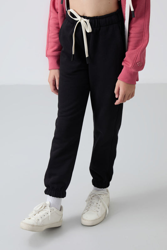 Black Cotton Lined Fleece Soft Textured Standard Fit Embroidered Girls' Tracksuit Bottom - 75158