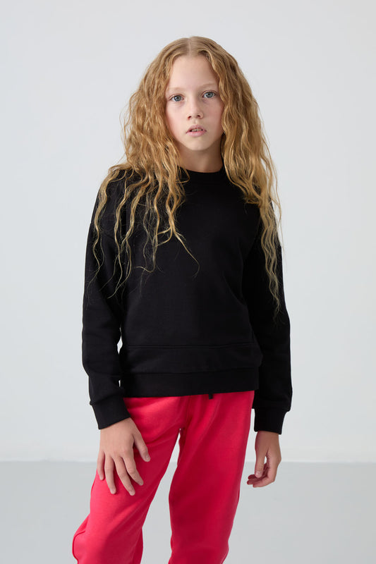 Black Cotton Fleece-Lined Soft Textured Oversize Embroidered Girls' Sweatshirt - 75150
